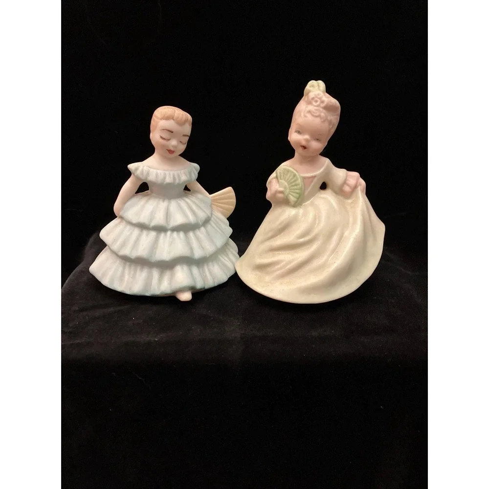 VTG 1960s Mallory Ceramic Figurine Set 2 Blue & Yellow Southern Belle Hand Fans